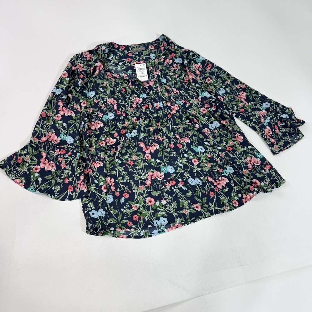 Style & Co Pintuck Blouse Womens 3X Navy Blue Floral Print Long Sleeve Top‎